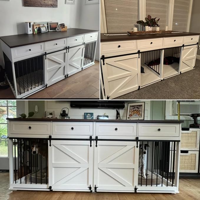 Dog Crate Furniture - Indoor Wooden Dog Kennel Furniture with 4 Drawers & 2 Sliding Barn Doors - for Small Medium Large Dogs - 83" Lx31.5 Wx35.6 H, White