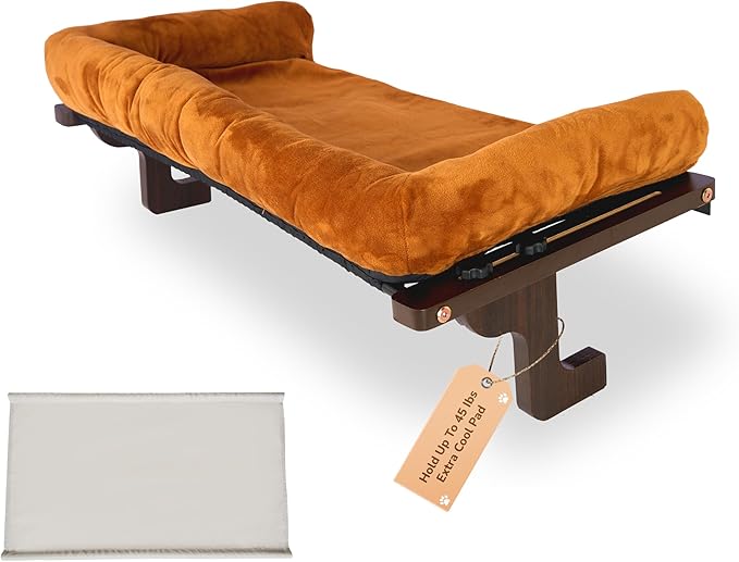 45LBS Capacity Cat Window Perch with Bolster, Hammock Seat with Plywood & Metal Frame, Cat Window Bed for Indoor Cats & Kitten, Extra Cood Pad (Walnut Wood & Brown Cushion, 24.8''W x 9.4''H)
