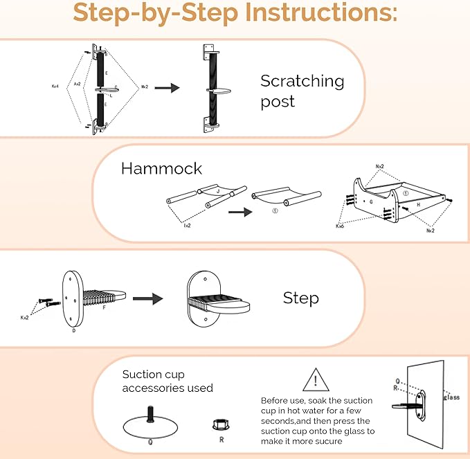 Space Saving Cat Wall Shelves, Window and Wall Mount 4-in-1 Cat Tree – Hammock, Cat Scratching Post, Two Steps with Grips – Natural Pine, Jute Rope – Beige