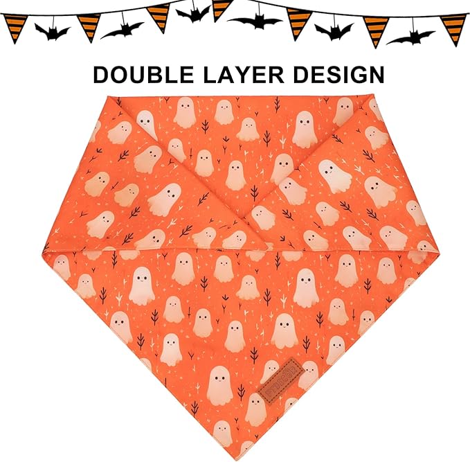 PTDECOR Halloween Dog Bandana, Ghost Pumpkin Design Reversible Holiday Dog Scarf, Triangle Halloween Bandanas for Medium Large Dogs Pets (Large)