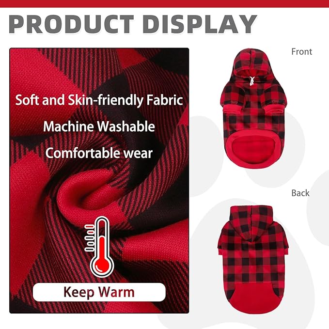 KOOLTAIL Plaid Dog Hoodie for Small Medium Large Dogs - Pet Clothes Sweater with Hat and Pocket for Cold Weather Winter, Warm Soft Dog Hooded Sweatshirt Coat Outfit for Puppy Cats Girls Boys Red SM