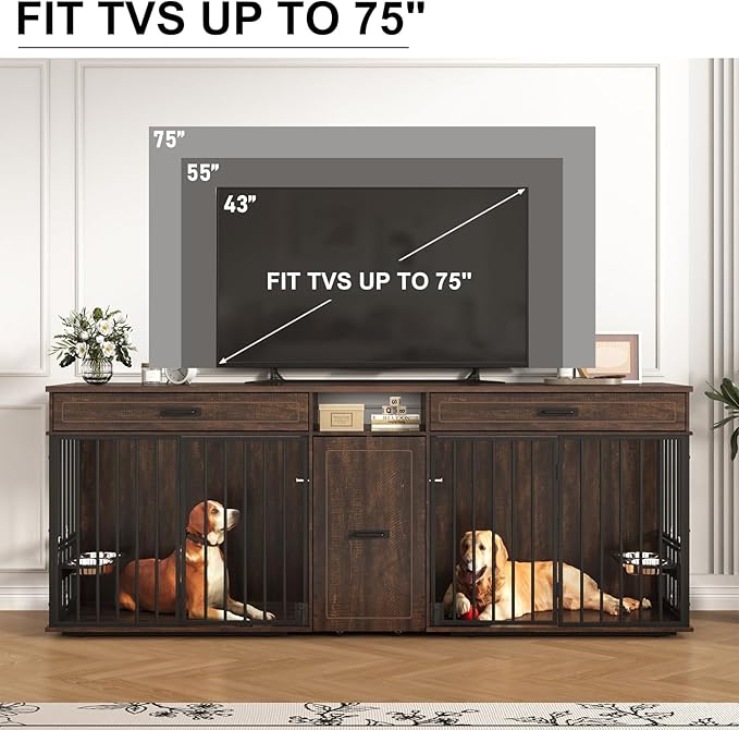 86.6" Dog Crate Furniture Large Breed TV Stand with Double Rooms, Wooden Dog Kennel Furniture with Dog Bowl, 2 Drawers and Cabinet for Large Medium Dogs, Brown