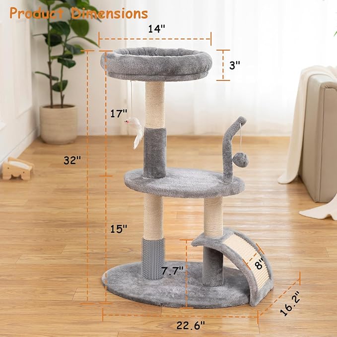 Large Cat Tree Tower with Scratching Post, Modern Kitten Tower for Indoor Cats, Sturdy Tall Carpet Sisal Cat Scratcher Stand with Big Bed Perch,Scratch Ramp,Ball Toy for Kitty Play -Grey
