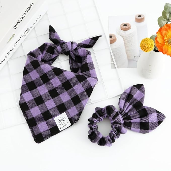 E-Clover Halloween Dog Bandanas & Matching Scrunchie-Plaid Dog Bandana Girl Boy Pet Scarf Kerchief for Medium Large Dogs Puppy Owner Mom Gifts Purple