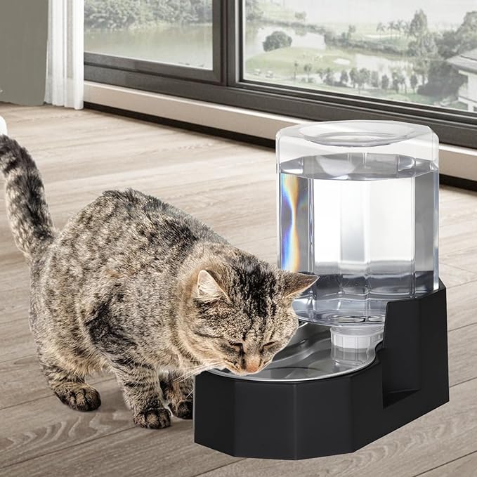 Sfozstra Gravity Water Bowl Dispenser : Automatic 5L Black Cat Stainless Steel Feeder Without Filters - for Dogs with Joint Problems - Suitable in Garage Bedroom