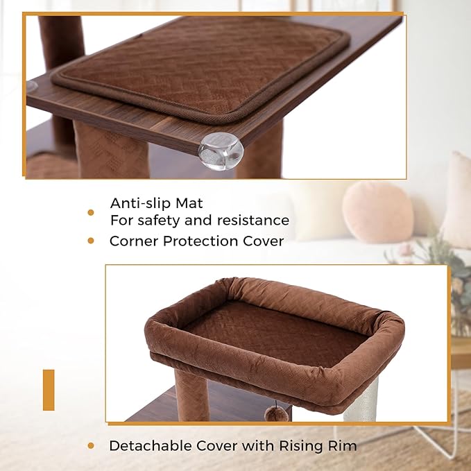 Tall Cat Tree with Litter Box Enclosure 56.7" Wooden Cat Tower for Large Cats with Cat Hammock House Bed (Wood Beige)