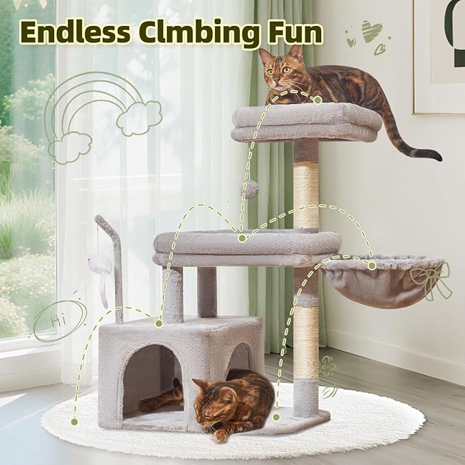 Taoqimiao Cat Tree, 32.2-Inch Cat Tower for Indoors Cats, Cat Condo with Large Cat Perch, Spacious Cat Cave, Scratching Posts for Small and Medium Cats, Light Gray MS043W