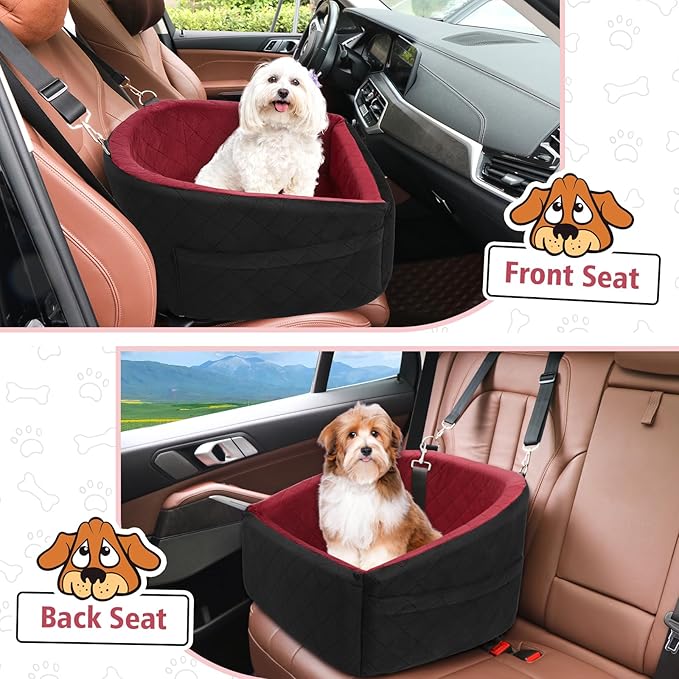 Dog Car Seat for Small Medium Dogs,Detachable Washable Dog Booster Seat Under 30lbs, Pet Car Seats Travel Bed with Storage Pockets and Safety Belt(Black/Red)