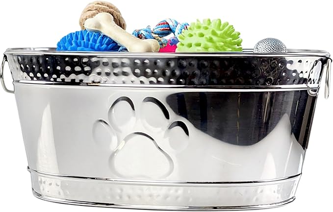BREKX Metal Indestructible Dog Toy Bin - Steel Dog Toy Basket with Handles, Pet Storage Box, Oval for Blankets, Leashes, & Ropes for Aggressive Chewers - Pawprint Design Home Decor (Silver)