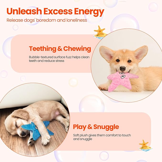 HGB Squeaky Dog Toys, Starfish No Stuffing Crinkle Dog Toys for Small Medium Breeds, Puppy Toys to Keep Them Busy & Puppy Chewing, Pet Supplies for Boredom, 2 Pack