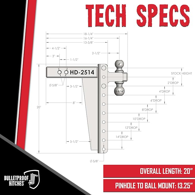 BulletProof Hitches - 2.5" Adjustable Heavy Duty Trailer Hitch (22,000 lb. Rating) - 14" Drop/Rise Trailer Hitch with 2" & 2-5/16" Dual Ball - Powder Coat, Solid Steel, Corrosion-Resistant
