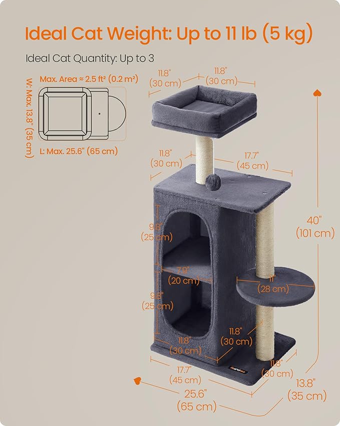 Feandrea Cat Tree, Small Cat Tower for Indoor Cats, Plush Cat Caves with Perch, Scratching Posts, for Small Spaces, Kittens, Dark Gray UPCT005G02