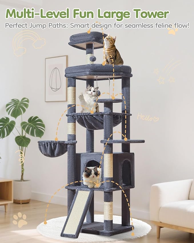 Taoqimiao 72 Inches Cat Tree for Large Cats, Multi-Level Tall Cat Tower, Widened Cat Condo with Large Scratch Board, 5 Scratching Posts, Metal Hammcock, Cozy Basket, Smoky Gray, MS045G