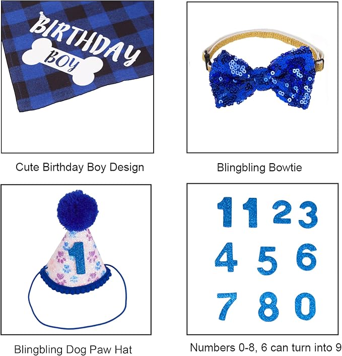 ADOGGYGO Dog Birthday Party Supplies, Pet Party Hat with Numbers, Bow, Blue Plaid Birthday Boy Bandana for Extra Large Dogs (X-Large)