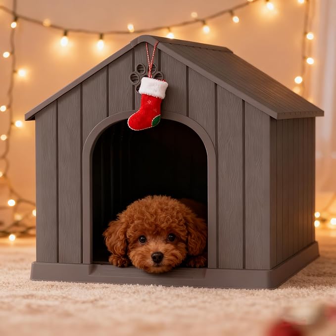 Dog House Outdoor Indoor for Medium Large Dogs, Durable Plastic Waterproof Doghouse with Air Vents and Elevated Floor, Easy Clean and Assemble (Grey, 26.18''L × 24.02''W × 25.98''H)