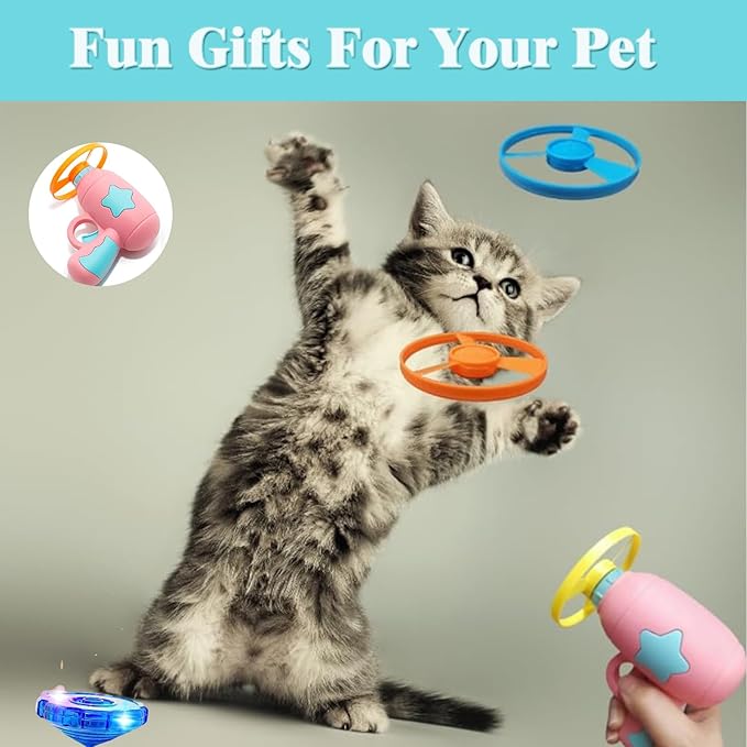 Cat Fetch Toy, Interactive Flying Cat Toy with 1 Light Up Spinning Tops, 1 LED Propellers and 4 Flying Propellers,Kitten Tracks Toy for Training Hunting Chasing(Pink)