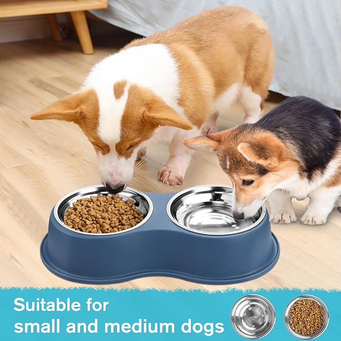 Dog Bowls Double Dog Water and Food Bowls Stainless Steel Bowls with Non-Slip Resin Station, Pet Feeder Bowls for Puppy Medium Dogs Cats