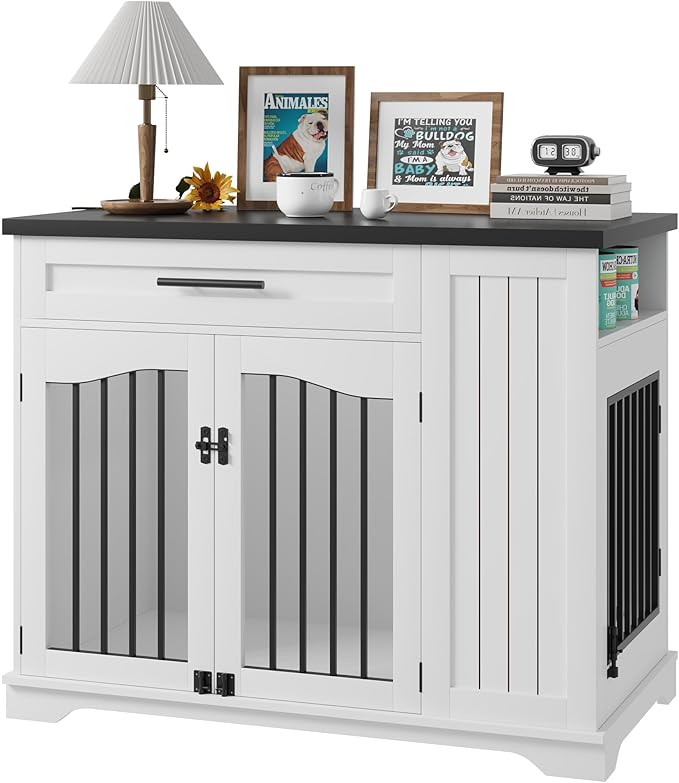 Furniture Style Dog Crate for Large Dogs, 44 Inch Heavy Duty Wooden Dog Kennel Furniture with Drawer & Side Storage and Bulit-in Feeding Station,White Set of 2