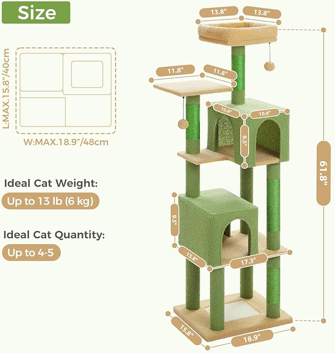Cactus Cat Tree, 62-Inch Large Cat Tower for Multi-Cat Households w/Scratching Posts, Multi-Level Condo w/Cozy Top Perch & Scratching Pad, Padded Platform, 2 Pompoms, Green