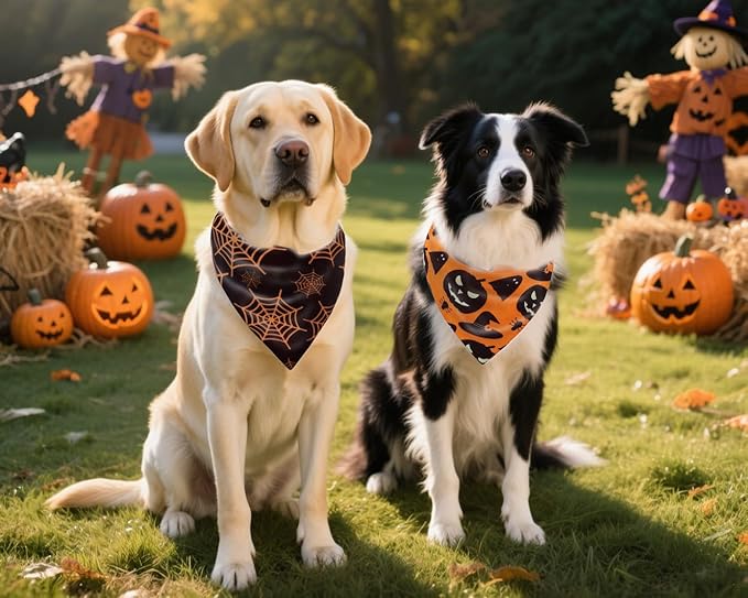 2PCS Thanksgiving Dog Bandanas,Fall Dog Bandanas,One Side Orange Plaid,The Other Side Pumpkin or Spider Web Bibs,Holiday Pet Scarf for Boy and Girl Dogs,Halloween Pet Outfit for Medium to Large Dogs