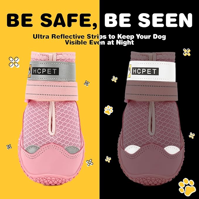 Hcpet Dog Shoes for Large Dogs, Breathable Dog Booties for Small Medium Dogs, Anti-Slip Dog Boots & Paw Protectors for Hot Pavement Winter Snow Hiking with Reflective Straps Pink Size 8
