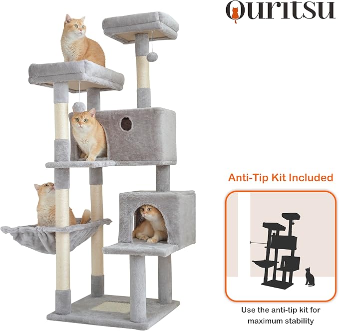 Ouritsu Cat Tree, 57 inch Cat Tower for Large Cat Indoor, 2 Top Perches with 1 Widened, 2 Condos with 1 Enlarged, Steel Frame Hammock, Scratching Posts and Scratching Pad, Light Gray, LF003GA