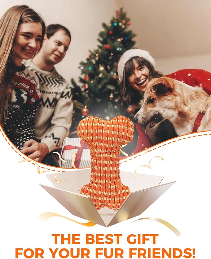 Squeaky Dog Toys for Medium Dogs, Interactive Dog Plush Toy for Aggressive Chewers, Tough Chew Gifts for Puppy Teething to Keep Them Busy and Relieve Boredom (Orange Bone)