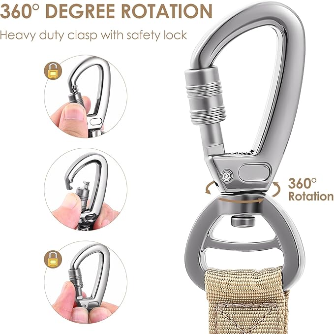 Hotsky Tactical Dog Leash Heavy Duty,4-6Ft Strong Bungee Shock Absorbing Lead with Padded Double Handle,Car Seatbelt,Metal Carabiner Clip,No Pull Leash for Small Dogs,Khaki