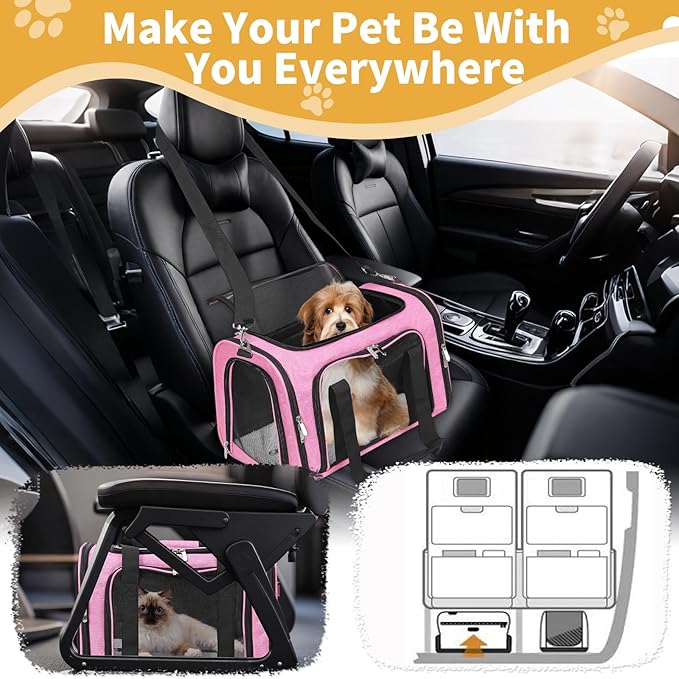Soft-Sided Cat/Dog/Pet Carrier, Collapsible Pets Travel Carriers for Big Cats/Small Dogs with Shoulder Strap & Removable Mat, Mesh Puppy Carry Bag, Up to 16 Lbs, TSA Airline Approved (Pink)