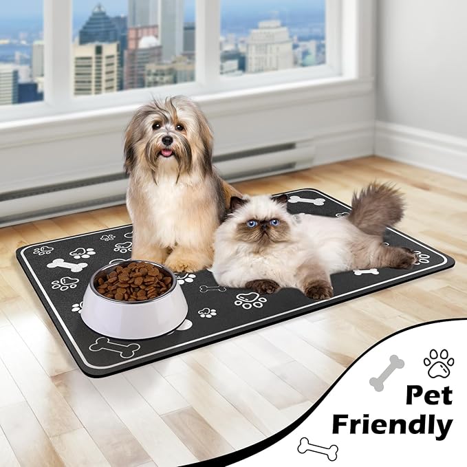 Pet Feeding Mat,Rapid Absorbent Mats for Dog Cat Food, Dog Placemat Water Bowl Mat with Rubber Backing,Messy Drinkers to Protect Floors, Pet Accessories 16"×24" Black