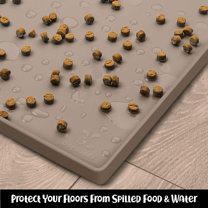 DogBuddy Dog Food Mat – Waterproof Dog Bowl Mat for Food and Water, Silicone Pet Feeding Mats for Floors, Non-Slip Placemat with High Edges for Dogs Bowls, Puppy Essentials (XS: 11" x 11", Taupe)