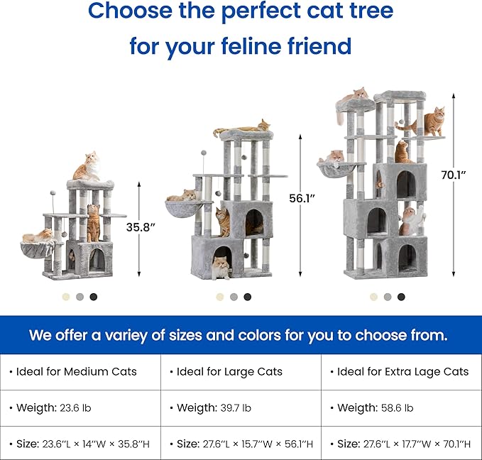 MWPO Extra Large Cat Tree - 70.1-Inch Tall Cat Tower with 3 Cat Condos, Multi-Level Cat Stand for Large Cats Featuring Scratching Posts, Padded Perches, Hammock, Dangling Toys, Light Grey