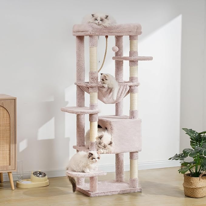 Heybly Cat Tree for Large Cats 20lbs Heavy Duty,60 inches XXL Cat Tower for Indoor Cats, Multi-Level Furniture Condo with Big Padded Plush Perch, Cozy Basket, Muchroom HCT050MU