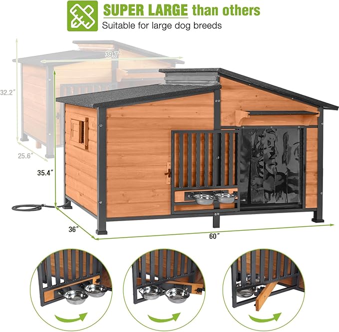 GUTINNEEN Extra Large 60" Heated Dog House Outdoor Dog Kennel with Safe Heated Pad, Chew-Proof Metal Frame and Rotating Food Bowl for Large Dog Breeds, 60" L x 36" W x35.4 H (Brown)