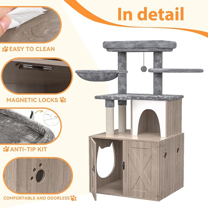 Litter Box Enclosure with Cat Tree,Cat Tree with Litter Box Enclosure,Hidden Pet Washroom Furniture with Sisal Scratching Post,Hammocks,Condo,Multiple Platform,Soft Plush Perch, Grey