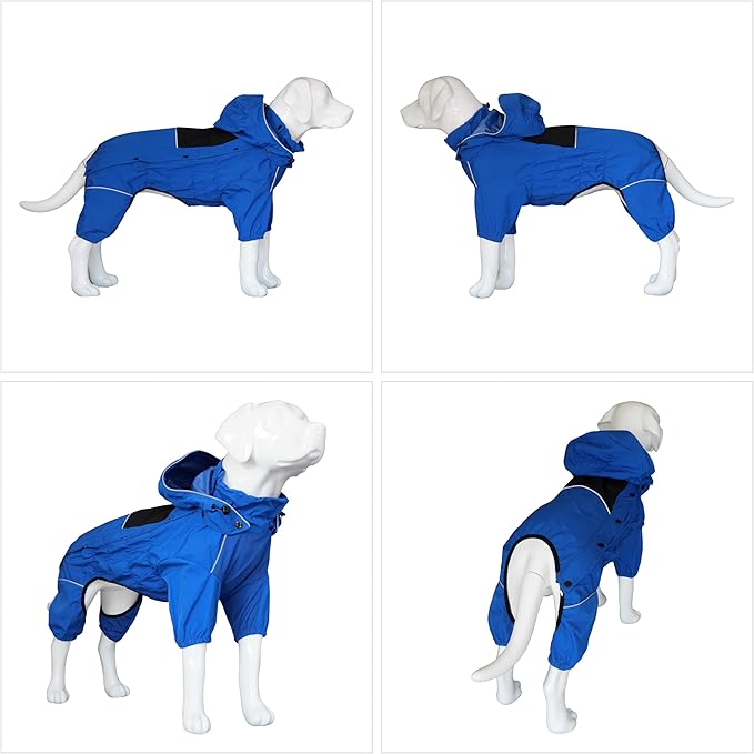 LOVELONGLONG Waterproof Dog Raincoat with Removable Hood – Outdoor Full Body Dog Jacket, Windproof Snowproof Shell Suit – All Season Pet Rain Gear Blue XXL
