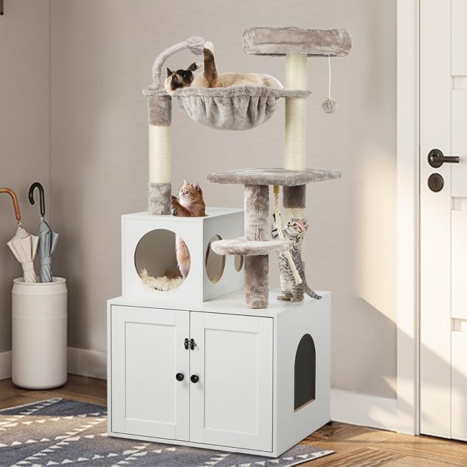 Cat Tree with Litter Box Enclosure, 2-in-1 Cat Tower for Indoor Cats, Large Wood Cat Condo with Basket, Scratching Posts, Pompoms, White