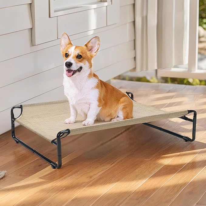 Veehoo Original Outdoor Elevated Dog Bed, Cooling Raised Dog Cot for Medium Dogs, Portable Standing Pet Hammock Platform with Washable Breathable Mesh, No-Slip Feet, Medium, Beige Coffee, CWC2201