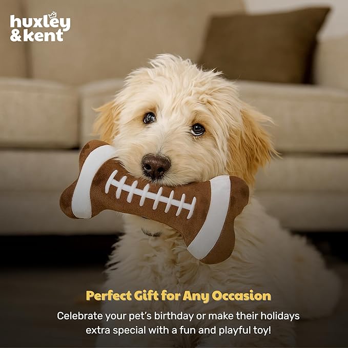 Huxley & Kent Funny Dog Toy w/Squeaker – Power Plush Squeaky Dog Toys for Small, Medium & Large Dogs – Soft Stuffed Animal for Indoor Play & Fetch - Football Bone, Small