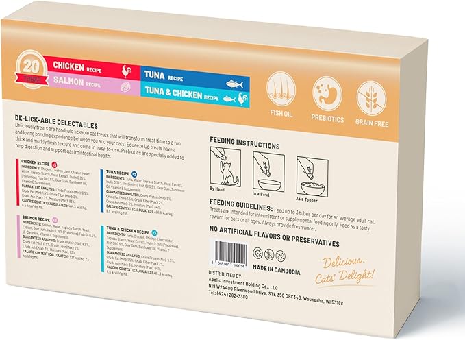 PETPHABET Lickable Cat Treats, Creamy Puree Wet Kitten Treats 4 Flavors Variety Pack, Squeezable Paste Cat Snacks, Grain-Free Kitty Treat, High Protein Squeeze Up Tubes for Cats (0.5 oz x 20 Counts)