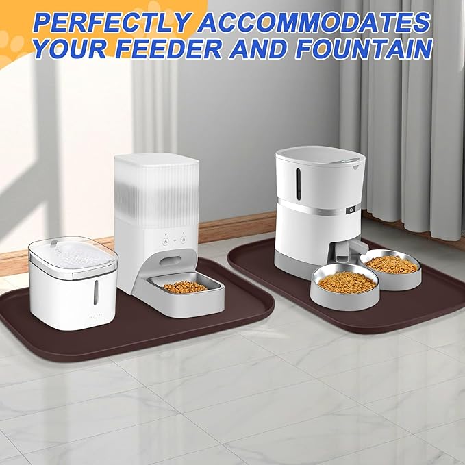 Silicone Pet Feeding Mat with Raised Edge for Food and Water, Dog Bowl Mats, Cat Bowls Placemat with High Lip for Floor Waterproof, Rubber Tray for Cats and Dogs 24 x 16 x0.8 Dark Brown