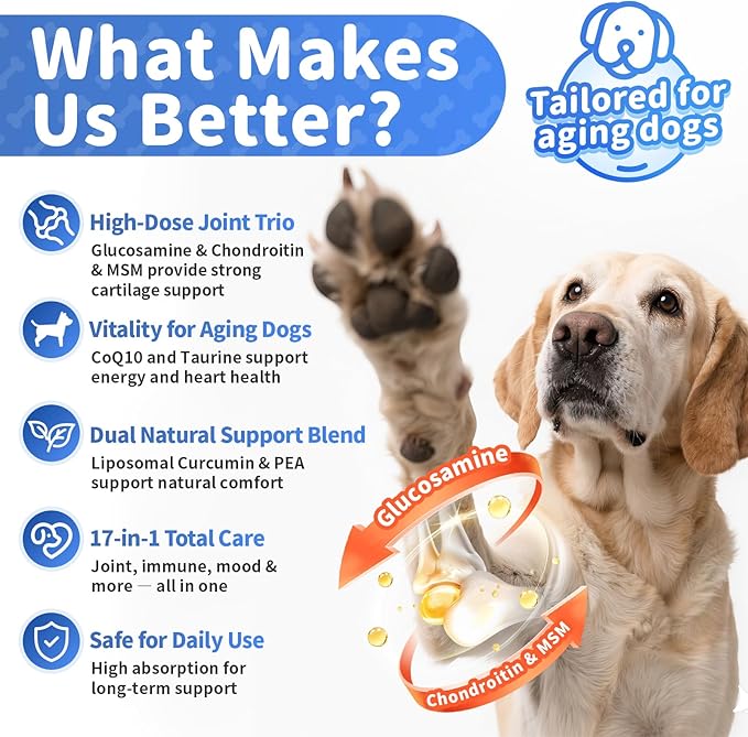 Senior Advanced Joint Supplement for Dogs – 17-in-1 Glucosamine for Dogs with Chondroitin – Hip & Joint Pain Relief Pills – Mobility Support Chews – Large & Small Breeds - Chicken Flavor – 90Ct