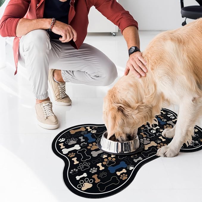 Dog & Cat Food Mat Bone Shaped Pet Feeding Mat Quick Absorb Water Bowl Placemat with Rubber Backing Indoor Floor Stain Resistant Pet Accessory Supplies (Black, 12x24 Inches)