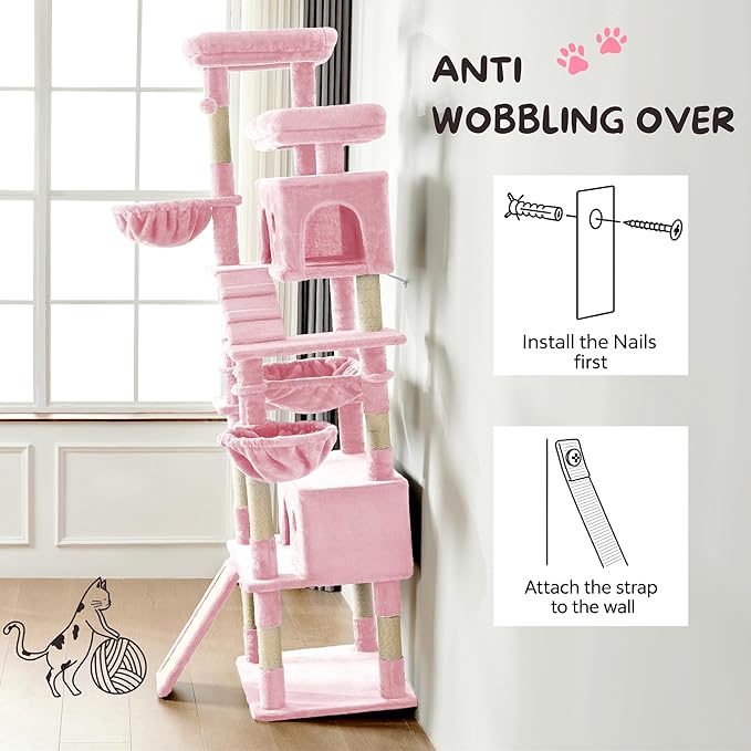 Cat Tree,80-Inch Large Cat Tower with 9 Scratching Posts, 2 Perches, 2 Caves, 2 Basket, 2 Stairs,Extra Large Hammock, Pompoms, Multi-Level Plush Cat Condo for Indoor Cats (Pink)