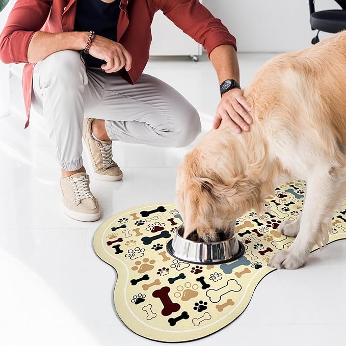 Dog & Cat Food Mat Bone Shaped Pet Feeding Mat Quick Absorb Water Bowl Placemat with Rubber Backing Indoor Floor Stain Resistant Pet Accessory Supplies (Beige, 17x29 Inches)
