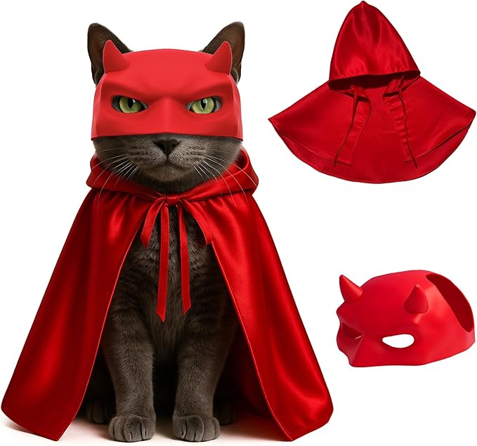 Devil Cat Cloak and Horned Mask Costume for Indoor Cats, Funny Superhero Pet Outfit for Halloween, Cosplay and Party Photoshoots, Red Hooded Cape and Mask Set for Cats β Big/Middle