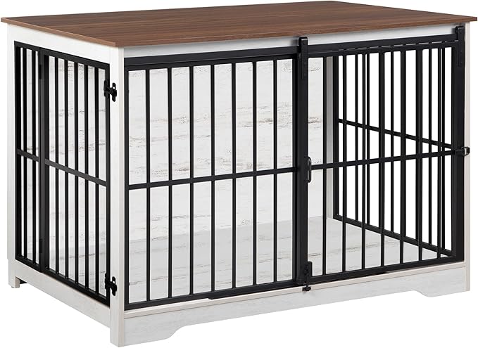 XL Large Dog Crate Furniture, 44.1" Indoor Dog Kennel Furniture with Barn Door, Wooden Tall Dog Crate, Heavy Duty Dog Cage for Large Dogs, Side End Table, Anti-Chew, White Brown DFC80114B