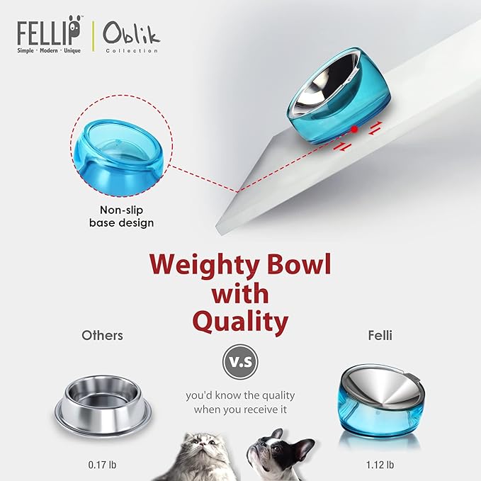 Felli Oblik Elevated Cat Bowl Removable Stainless Steel Wide Dish for Dry Wet Food Feeding & Dishwasher Clean, Slanted Whisker Fatigue Friendly Metal Plate + Acrylic Base Non Slip (0.5Cup Sapphire)