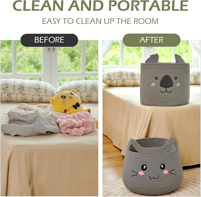 OMERAI Animal Cat Basket, Cute Cotton Rope Woven Large Blanket Basket, Toy Storage for Nursery decor and Laundry Organizer with Handles, baby hamper shower gift, 15"D x 12.6"H, Grey Open Eyes