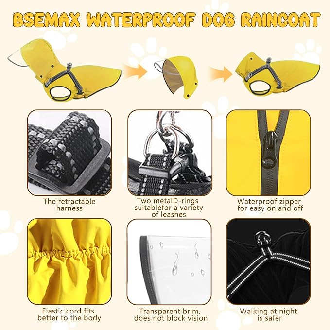 Dog Raincoat: Dog Rain Jacket with Reflective Harness & Removable Hood | Waterproof Dogs Rain Coat Poncho for Large Medium Small Dogs Puppies (Yellow - M)